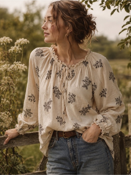 Primark Tops - Primark Cream Floral Drawstring Peasant Blouse